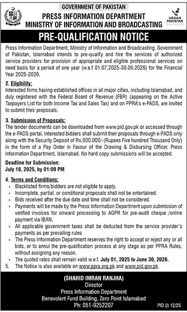 Ministry of Information & Broadcasting Islamabad Tender Notice